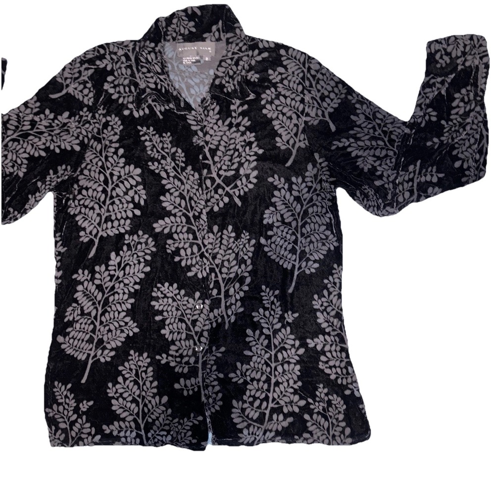 August Silk‎ Womens 8 Sheer Leaf Black Velvet Burnout Button Down Shirt Kawaii